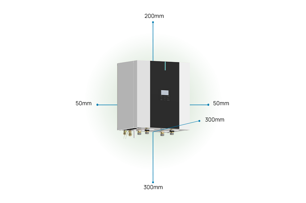 SPHERA EVO 2.0 BOX, пространствата, необходими за инсталиране, са: 50 милиметра от двете страни, 200 милиметра отгоре, 300 милиметра отдолу, 300 милиметра отпред